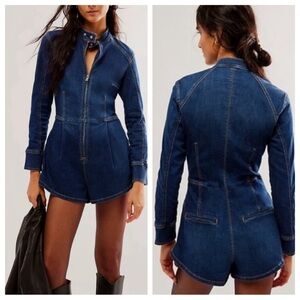New! Free people We The Free On The Run Moto Playsuit Denim nwot 21999